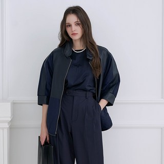 Shinbi 女款小羊皮拼接立領拉鍊夾克 KSJK240201