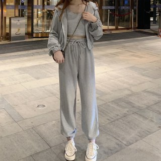 Goodif 女款 Lady 圓領短版背心 + 短版連帽拉鍊外套 + 鬆緊帶毛圈布運動長褲套裝