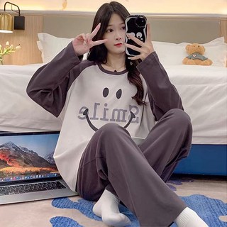 Elsso 女款可愛線條亮點設計圓領居家服長袖+長褲套裝