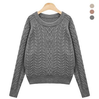 Tteugaejin 女士寬鬆版型美麗諾羊毛麻花落肩阿特傑圓領針織衫