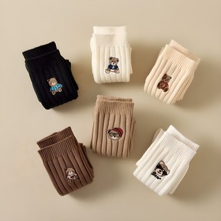 Wodemi 女性加厚羅紋棉質小熊刺繡中筒襪 6雙組 W851