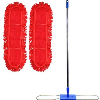 WORLDCLEAN 利斯金 除塵拖把布 90公分 x 2入 + 優質平板拖把桿 套組, 1組, 紅色