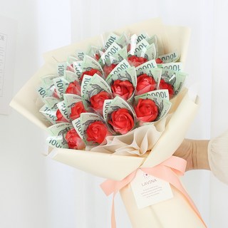 LAVINA 香皂玫瑰 20朵 現金花束 + 提袋組合, 燕麥紅(花束), 1套