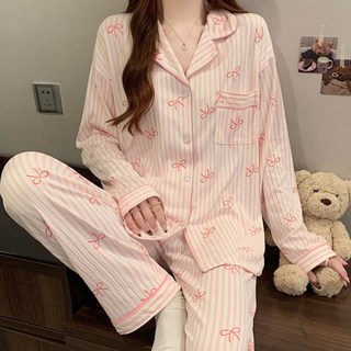 Twoistar 女款蝴蝶結楊柳紋睡衣上衣 + 下身組