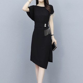 ATTERLIC 圓領奢華亮點流蘇側開衩短袖中長洋裝 13864, 黑色