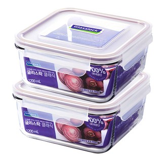 Glasslock 紫色系列 方形保鮮盒, 1.2L, 2個