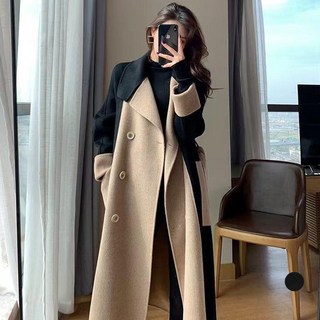 Elsso 女款撞色拼接赫本風羊毛修身大衣