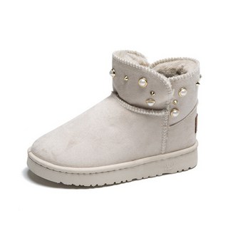 女款珍珠鉚釘裝飾中筒雪靴