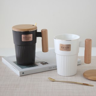 Just Home 復古黑白色系陶瓷木柄馬克杯315ml 2入組, 顏色隨機, 1組