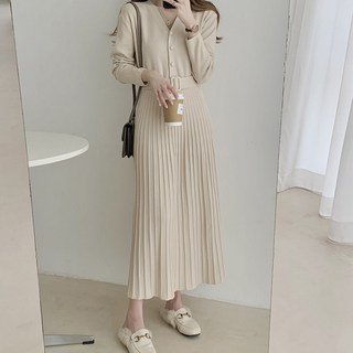 TANIZ 細褶腰帶單排扣針織連身長裙, 象牙白