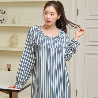 女款Tiffany圓領荷葉邊長袖條紋連身裙睡衣