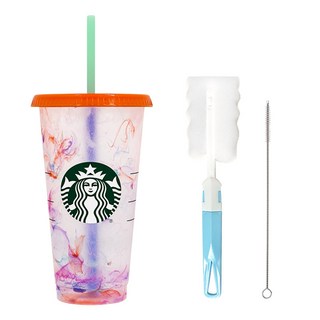 STARBUCKS 星巴克 大理石紋繽紛變色可重複使用冷飲杯 + 清洗刷套組, 混色(冷飲杯), 隨機出貨(清洗刷), 710ml, 1個