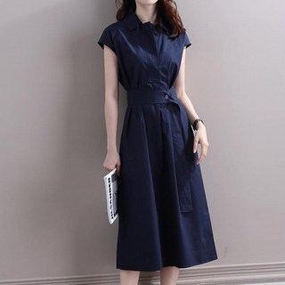 Elsso 婚禮賓客穿搭 春夏無袖中長版襯衫洋裝 含大尺碼, 海軍藍