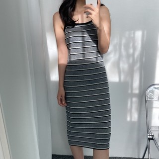 女款針織女款條紋後開叉背心長連身裙Vista連身裙, 黑色