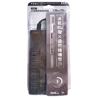 BiBi聲AI過載警報延長線 2P 5開 4孔, 1個, 1.8m, 灰色