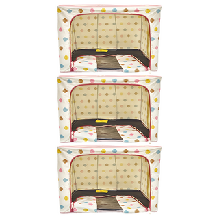 花紋牛津布衣物鐵架收納箱 防潑水材質 透明視窗, 66L, 幸運草粉, 3個