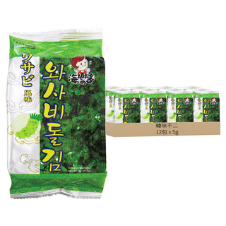 韓味不二 便當用海苔 韓國原裝進口 單一包裝 攜帶方便 芥末香氣海苔片 海洋鮮味與香脆口感, 5g, 12包