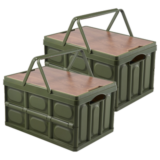 【葉子小舖】 手提露營摺疊箱 木蓋折疊箱 收納箱 野餐提籃 儲物箱 露營箱 折疊收納箱 手提折疊箱 戶外收納箱 露營用品 小號30l-【綠色】(超取最多3個), 綠色, 2個