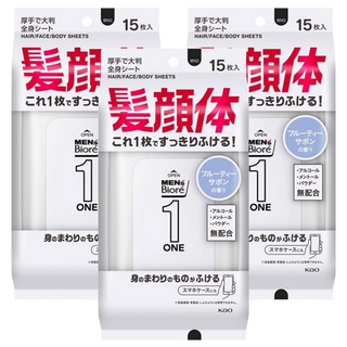 MEN's Biore ONE 髮顏體全身用溼巾 清新果香皂香 15張, 3包, 15g
