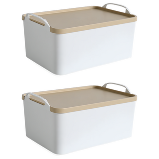 品屋 手提式收納箱 日式收納盒 可疊加附蓋, 大號(38.5 x 25.8 x 18.5cm), 黃色, 2個