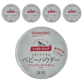 WaKODO 和光堂 嬰兒爽身粉, 140g, 無香, 藥用, 附粉撲, 5個