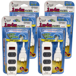 spirit 電精靈 2P延長線 1開4插 轉向頭 110VAC/60Hz 最大1650W 台灣製, 1.8m, 延長線 白色 + 灰色, 4個