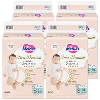 Merries 妙而舒 日本製 First Premium 頂柔舒護黏貼型尿布 4~8kg, S, 240片