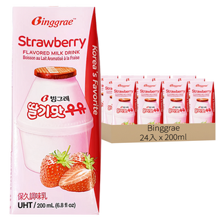 Binggrae 草莓牛奶, 韓國第一品牌國民飲品, 60%生乳調製, 200ml x 24入
