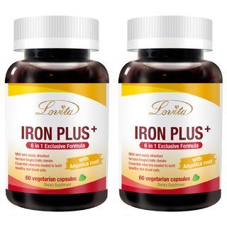 Lovita 當歸亞鐵素食膠囊 60顆, 甘胺酸螯合亞鐵, 複方補鐵, 2罐