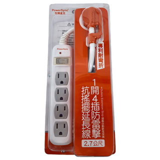 PowerSync群加 1開4插防雷擊抗搖擺延長線, 2.7m, TPS314AN9027, 1條