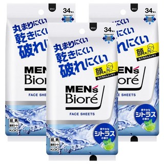 MEN's Biore 臉部身體兩用濕巾 清涼柑橘款 34片, 188ml, 3包
