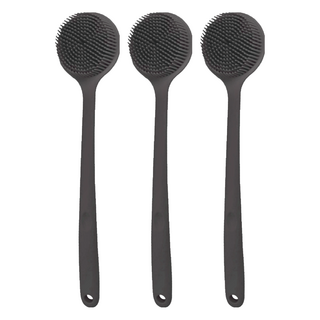 AHOYE 長柄矽膠雙面刷頭沐浴刷 黑色 深層清潔 輕鬆觸及全身, 3支, 1入