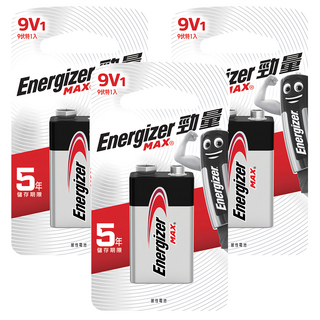 Energizer 勁量 9伏特鹼性電池，5年儲存期限, 1顆, 3顆