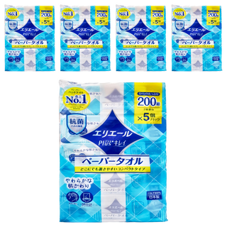 elleair 艾黎艾爾 柔韌吸水擦手紙巾抽取式 200組 紙漿100% 抗菌薄膜包裝 柔軟溫和 體積小巧, 5包, 5袋