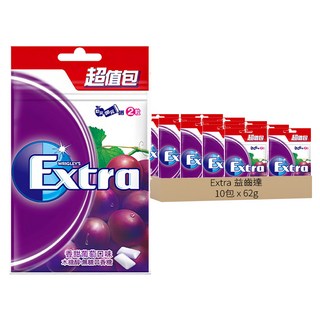 Extra 益齒達 潔淨無糖口香糖 香甜葡萄口味 幫助牙齒清潔 保持口氣清新, 62g, 10包