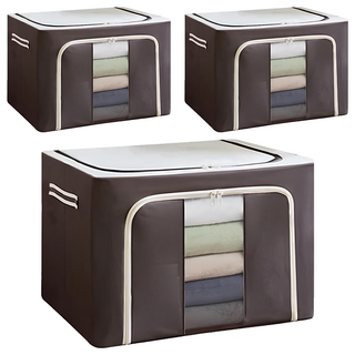 衣物棉被鋼架收納箱, 72L, 咖啡色, 3個