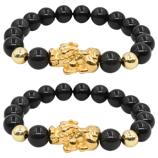 Selene 金銀招財貔貅黑曜手鍊, 金色, 79g, 2條