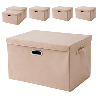 收納部屋 金屬把手棉麻整理盒 米色 可折疊收納箱, 中(37 x 27 x 26cm), 6個