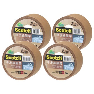 3M Scotch 牛皮紙膠帶 48mmx40Y，一般OPP膠帶的2倍黏力, 可手撕，適用封箱用，可用麥克筆書寫, 3039, 4捲