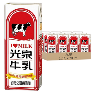 光泉 100%成份無調整保久乳, 200ml, 12入