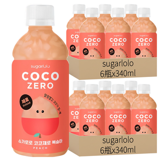 sugarlolo 椰果飲料 水蜜桃風味, 12瓶, 340ml, 韓國進口, 無糖, 清爽