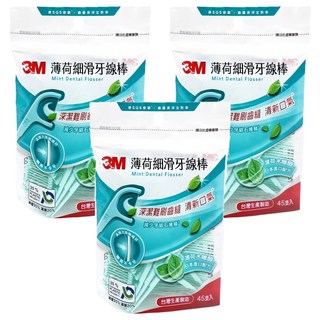 3M 細滑牙線棒 薄荷木醣醇, 16mm, 45支, 3包