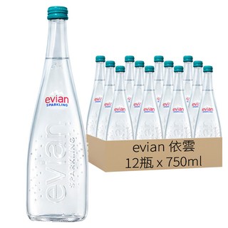 evian 依雲 台灣公司貨 氣泡天然礦泉水 玻璃瓶, 750ml, 12瓶