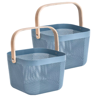 樂嫚妮 木柄手提籃 塑膠木質鐵件材質, 藍色, 2個