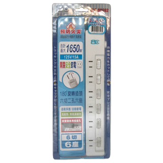 BC 博銓 六開六插2孔90度插頭安全電源延長線 1650W 最大功率 125V/15A 180°旋轉插頭, 2.7m, 單色, 1條
