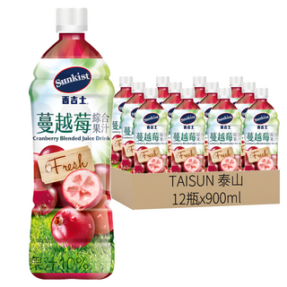 TAISUN 泰山 Sunkist 香吉士 蔓越莓綜合果汁 鮮甜水果製成, 900ml, 12瓶