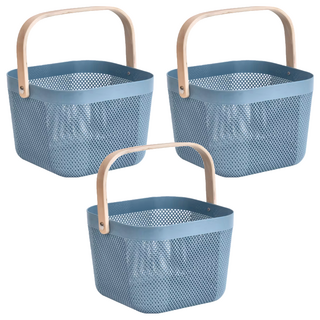 樂嫚妮 木柄手提籃 塑膠木質鐵件材質, 藍色, 3個