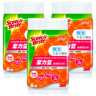 3M Scotch-Brite 百利 潔力豆海綿菜瓜布 餐具杯具不沾鍋專用, 4片, 3包