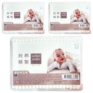 KU.KU Duckbill 酷咕鴨 螺旋棉花棒方盒, 200支, 100%純棉, 柔軟棉質, 無螢光劑, 3盒