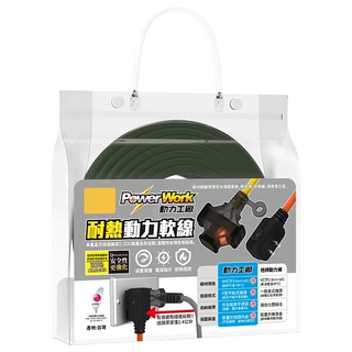 PowerWork 動力工廠 1對3座耐熱動力軟線 2孔 15A 125V 過載自動斷電保護, 12m, 軍綠色, 1條